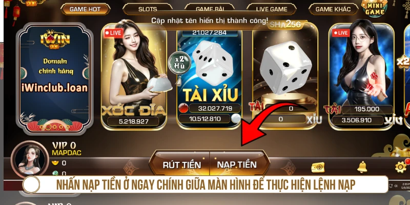 Chọn mục nạp tiền trên giao diện IWIN